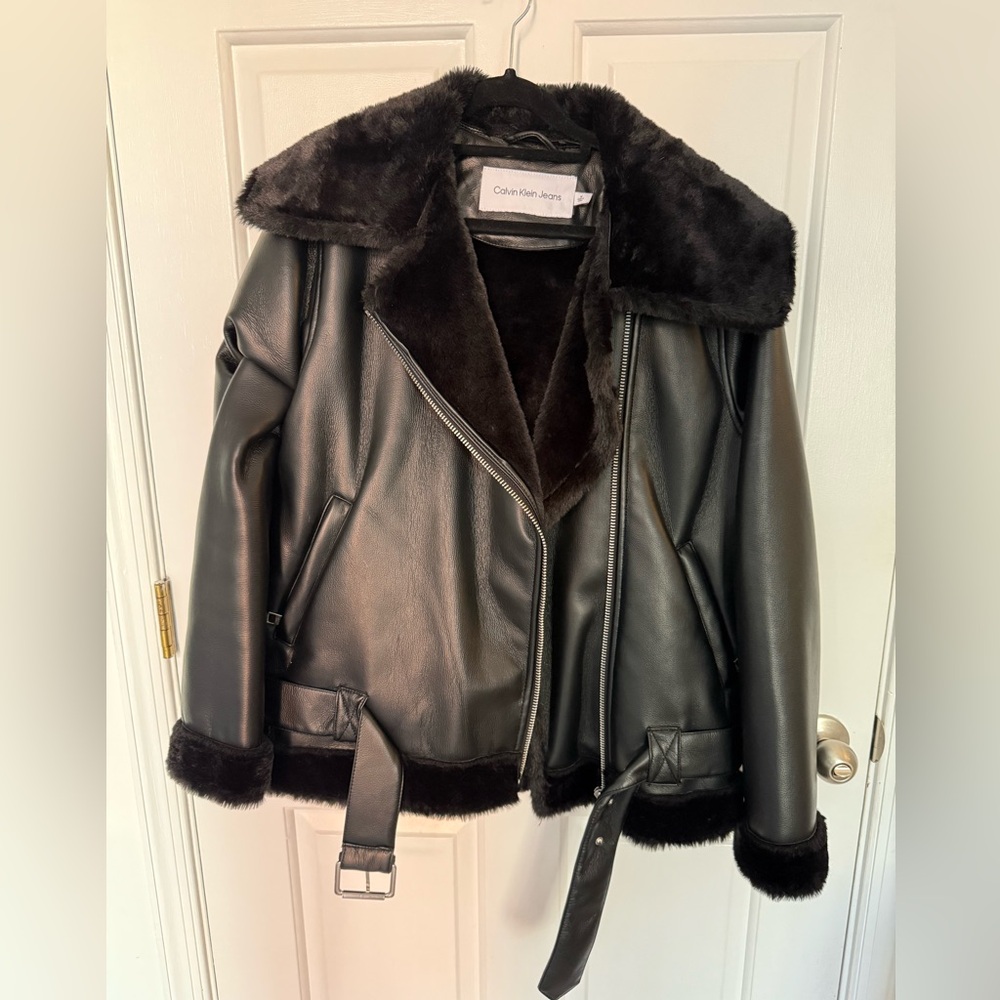 Calvin Klein Jeans Black Leather Jacket with Fur Lining